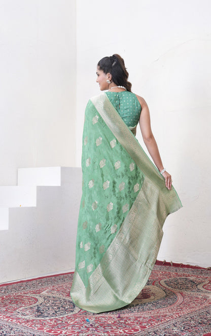 Sea Green Katan Silk Saree With Zari Borders