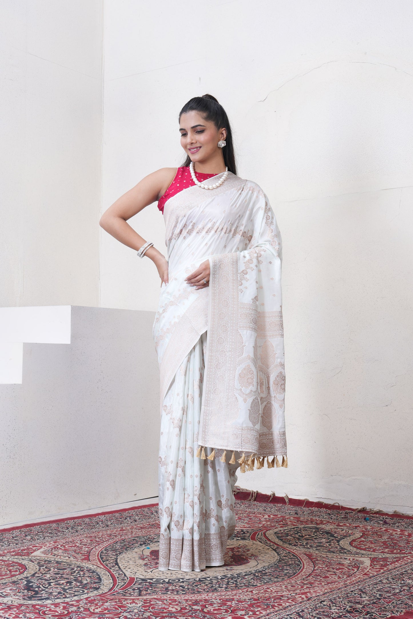 Off White Katan Silk Saree With Zari Borders