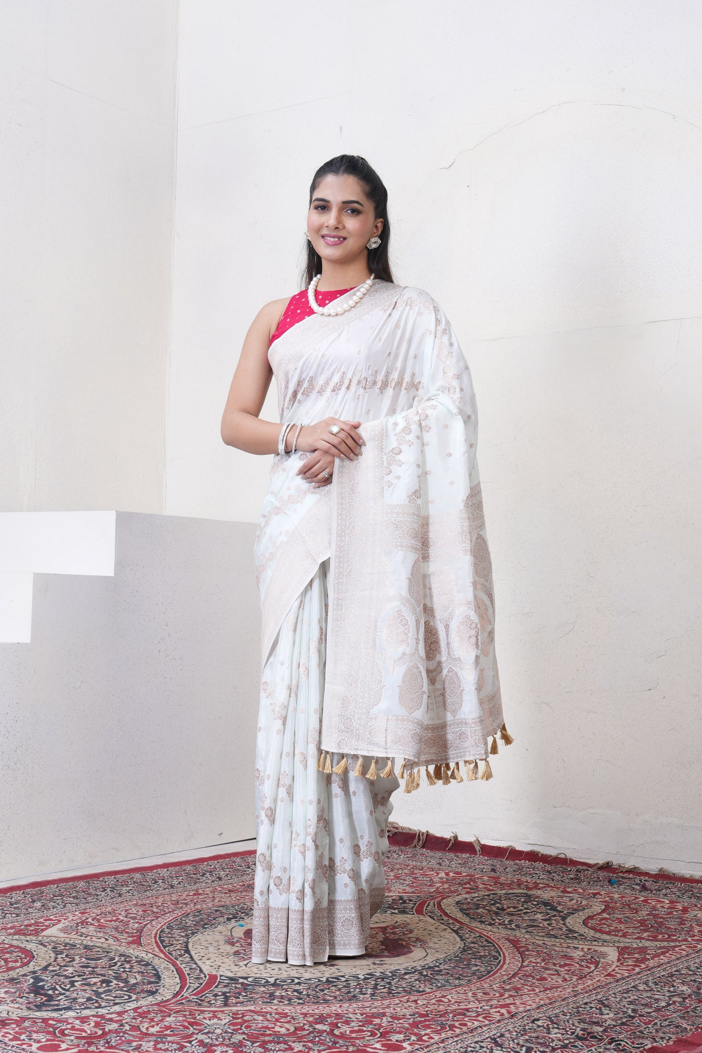 Off White Katan Silk Saree With Zari Borders