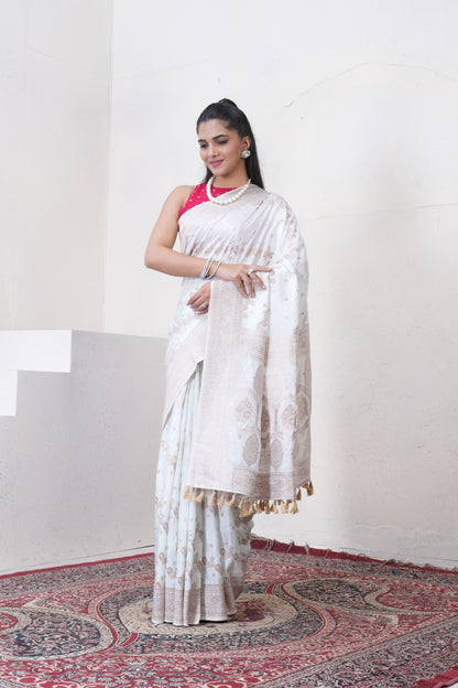 Off White Katan Silk Saree With Zari Borders
