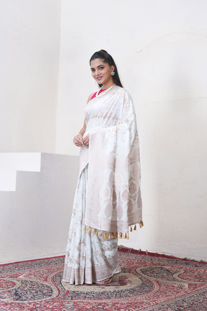 Off White Katan Silk Saree With Zari Borders