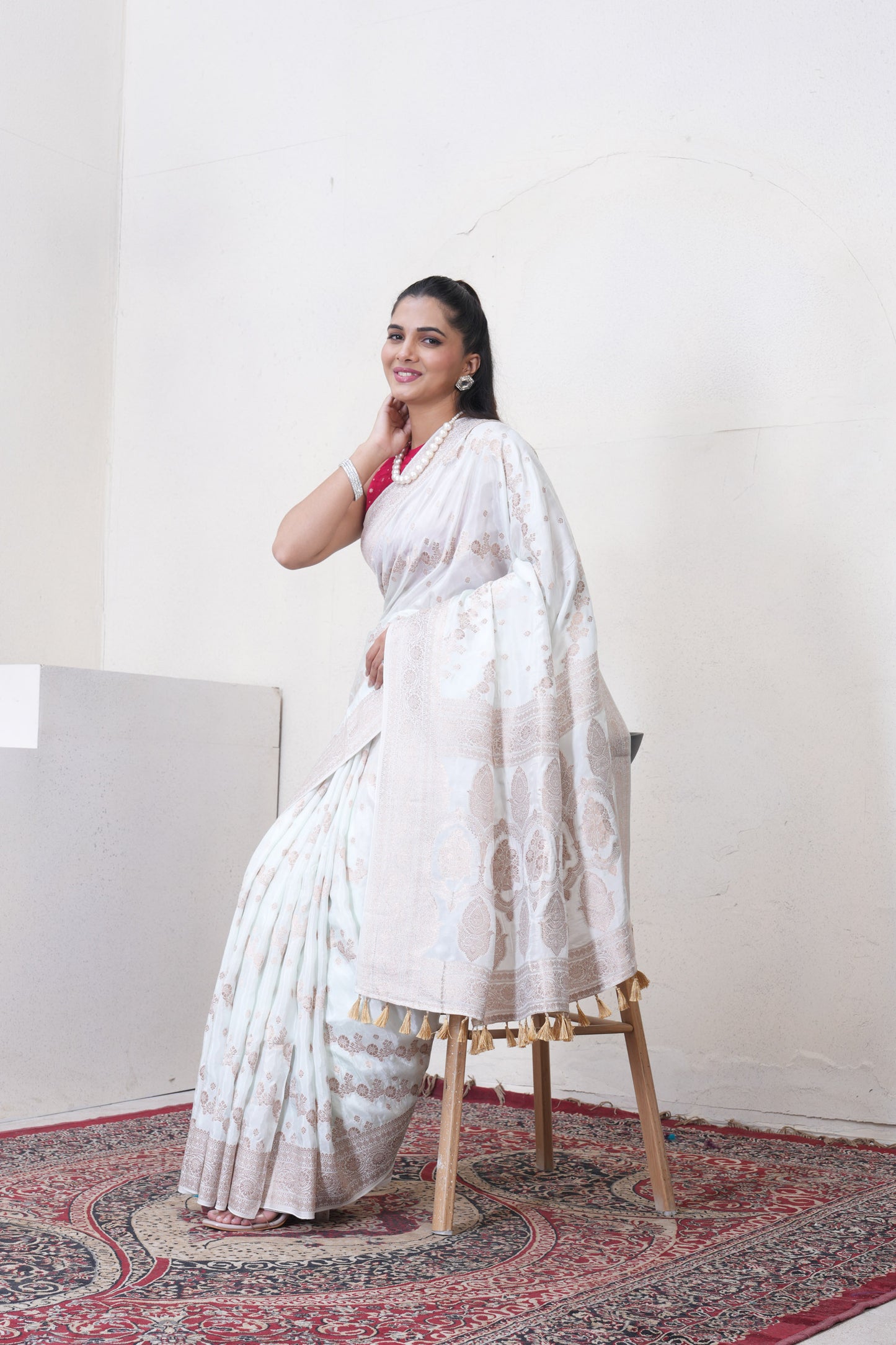Off White Katan Silk Saree With Zari Borders