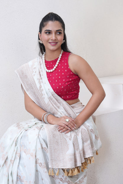 Off White Katan Silk Saree With Zari Borders