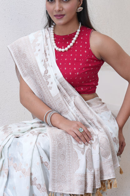 Off White Katan Silk Saree With Zari Borders