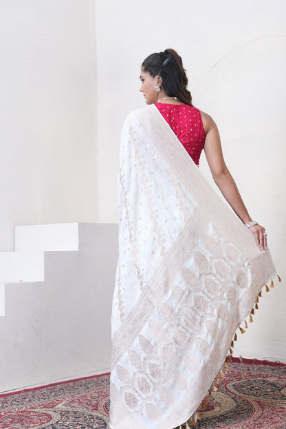 Off White Katan Silk Saree With Zari Borders