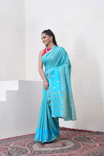 Blue Tissue Saree With Zari Borders