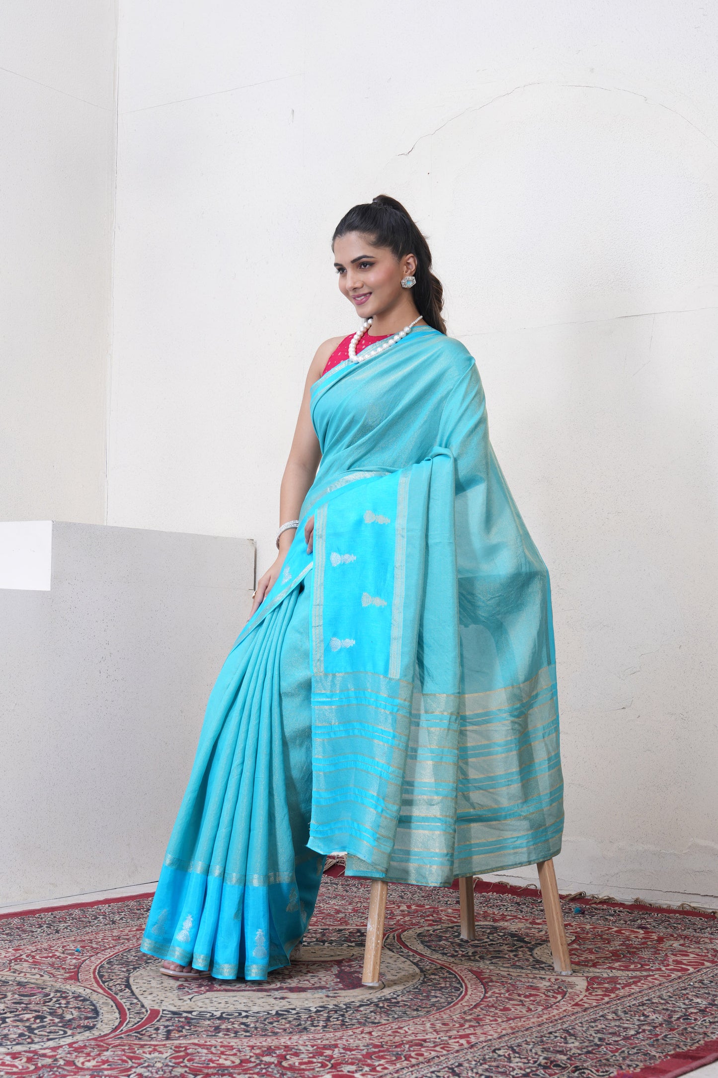 Blue Tissue Saree With Zari Borders