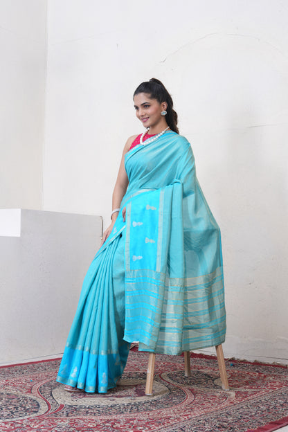 Blue Tissue Saree With Zari Borders