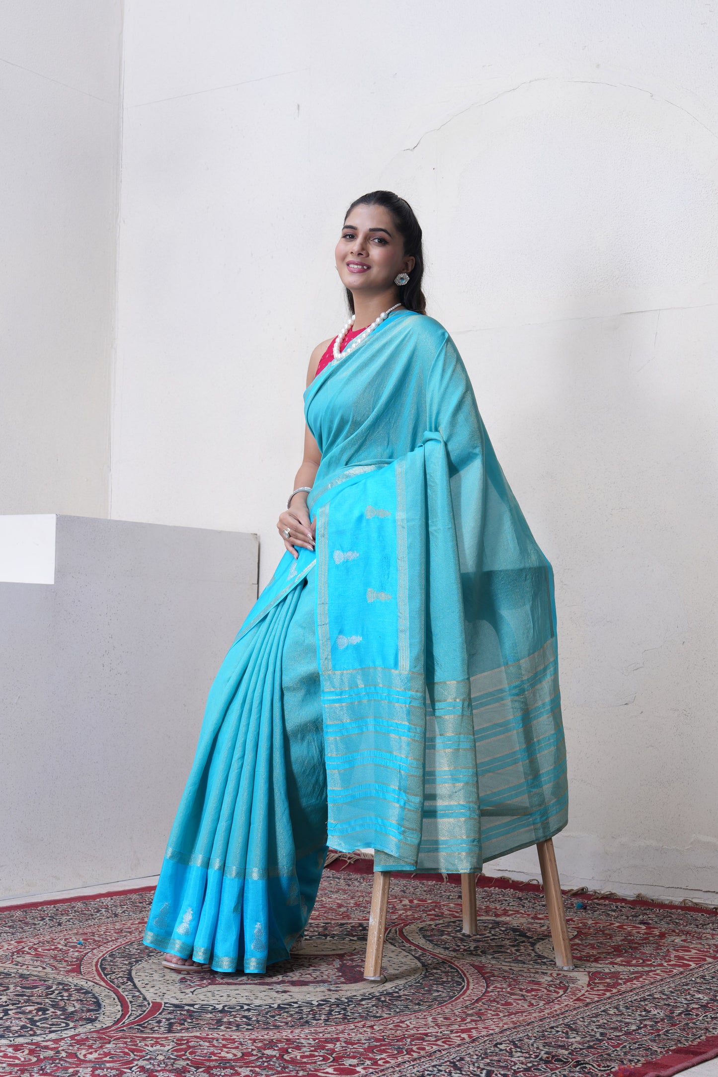 Blue Tissue Saree With Zari Borders