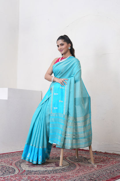 Blue Tissue Saree With Zari Borders
