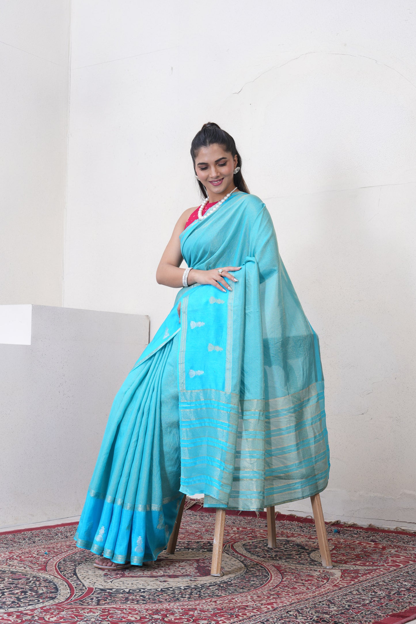 Blue Tissue Saree With Zari Borders