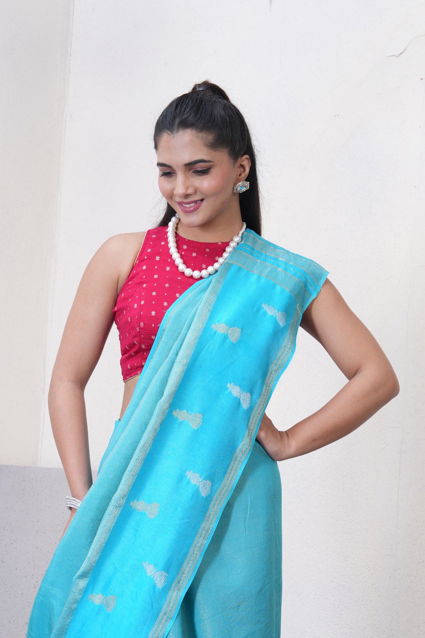 Blue Tissue Saree With Zari Borders