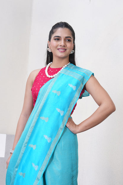 Blue Tissue Saree With Zari Borders