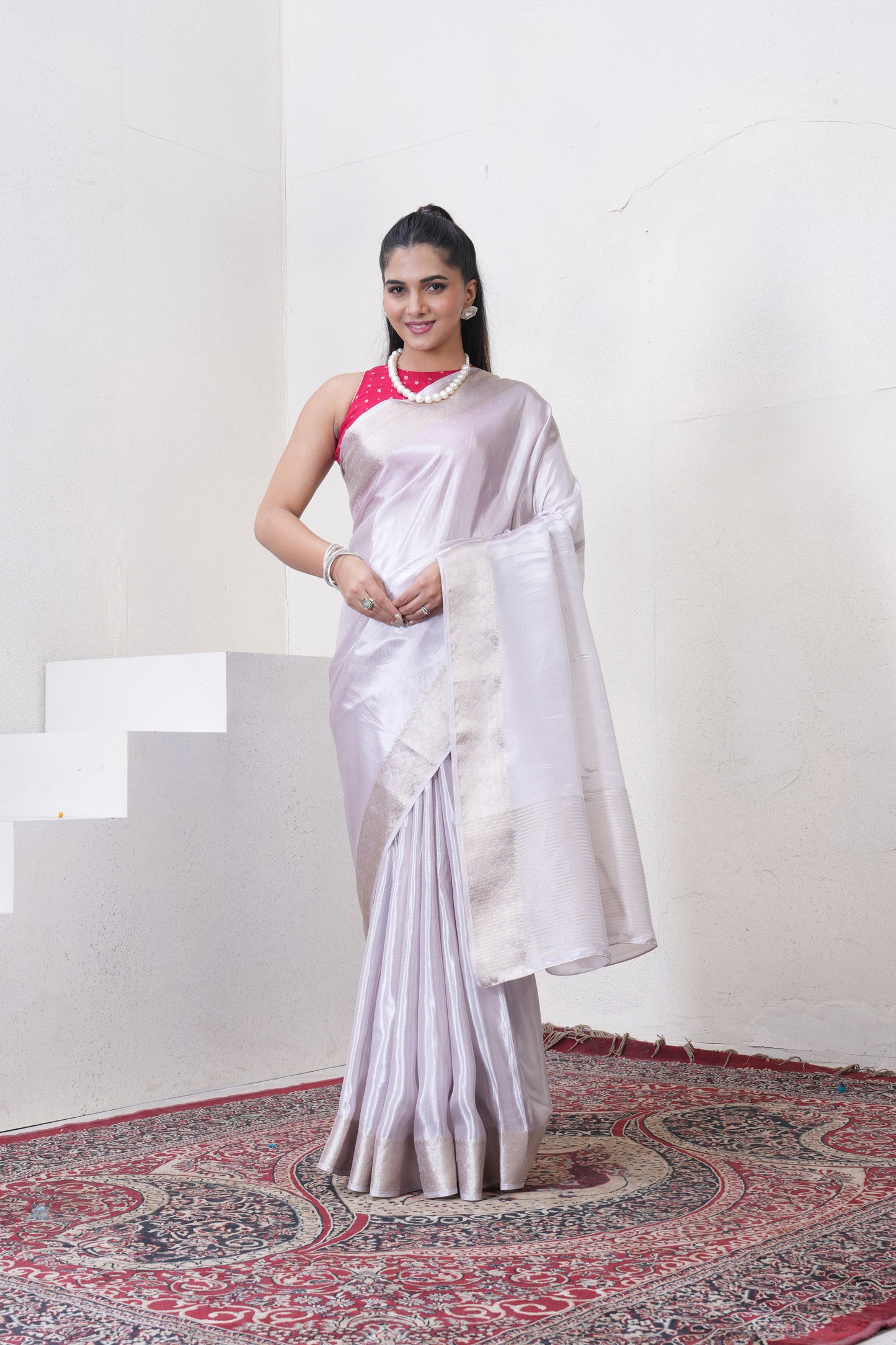 Off White Tissue Silk Saree With Zari Borders