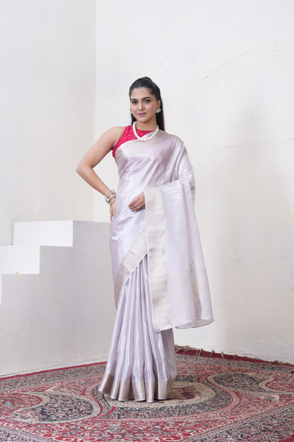 Off White Tissue Silk Saree With Zari Borders