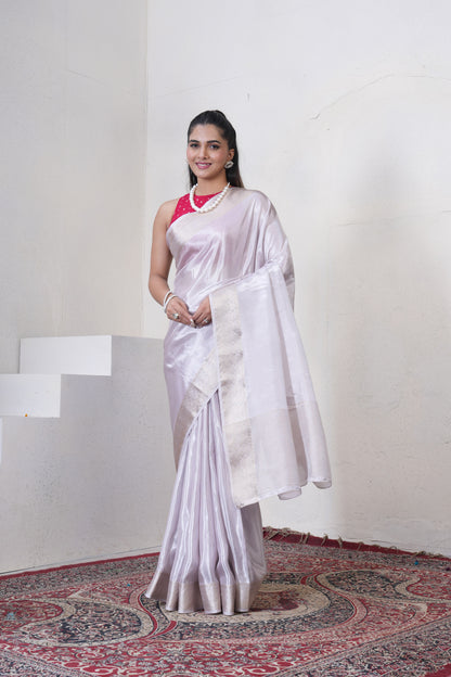 Off White Tissue Silk Saree With Zari Borders