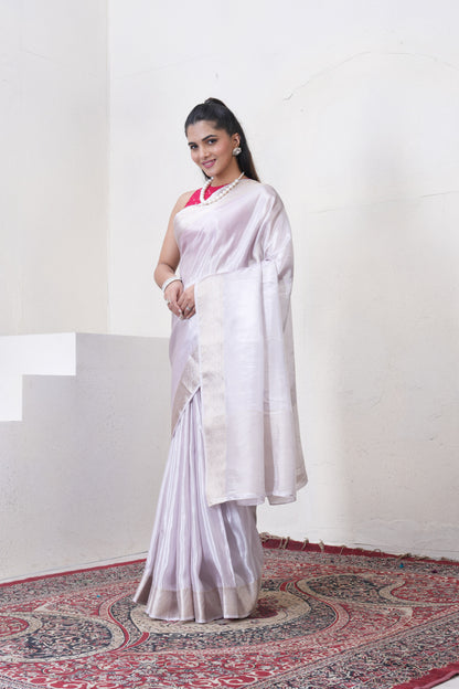 Off White Tissue Silk Saree With Zari Borders