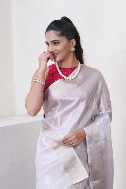 Off White Tissue Silk Saree With Zari Borders