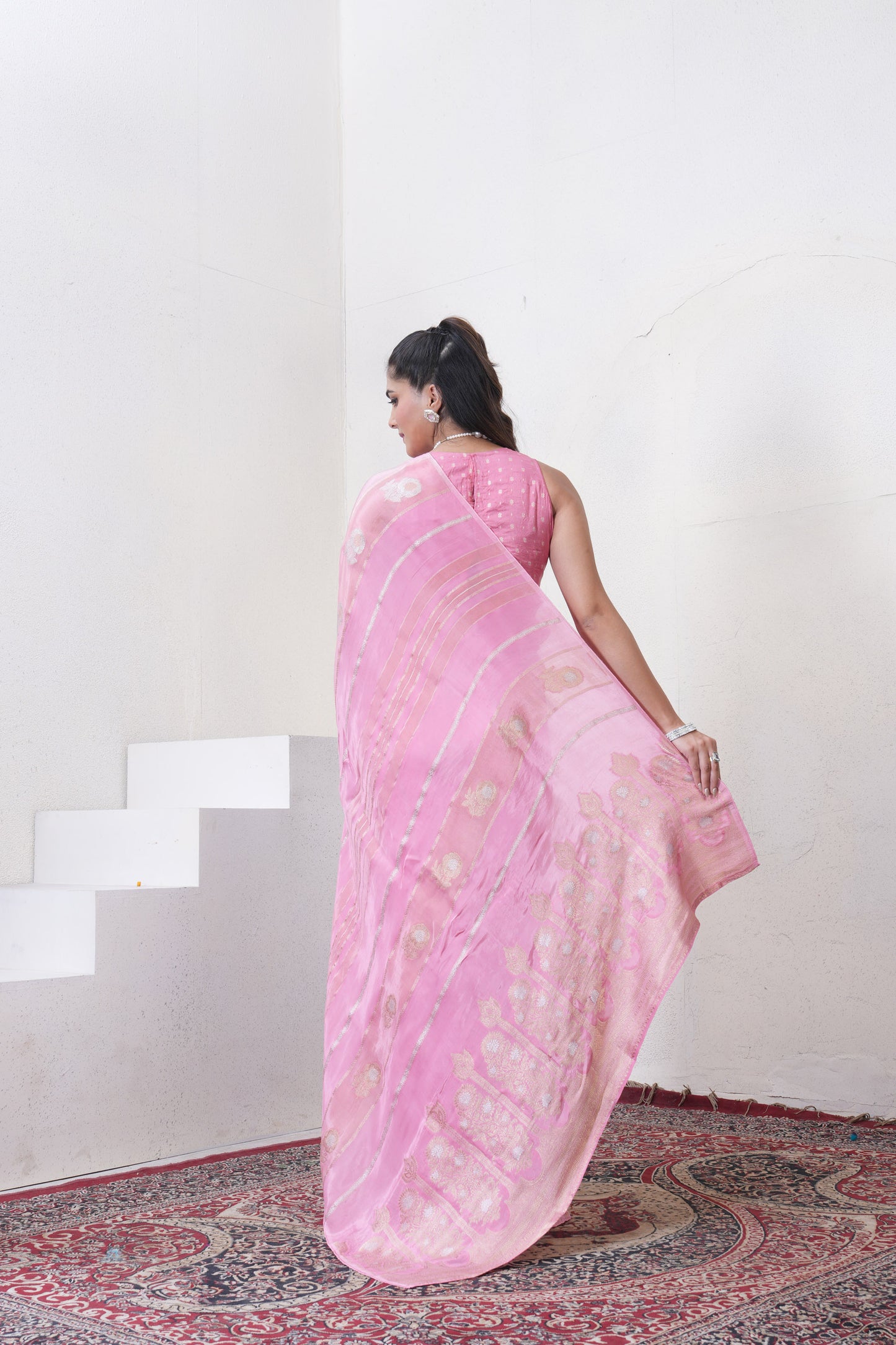 Baby Pink Katan Silk Saree With Zari Borders