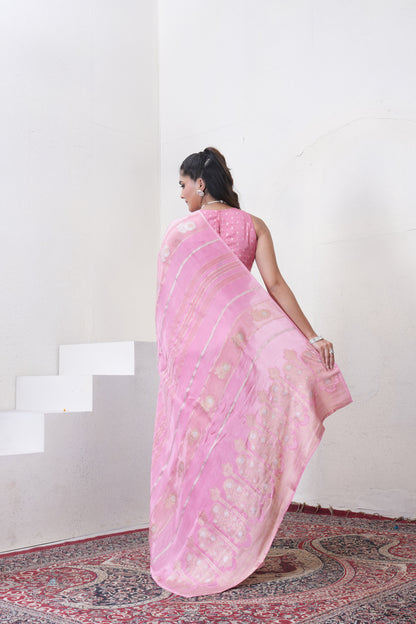 Baby Pink Katan Silk Saree With Zari Borders