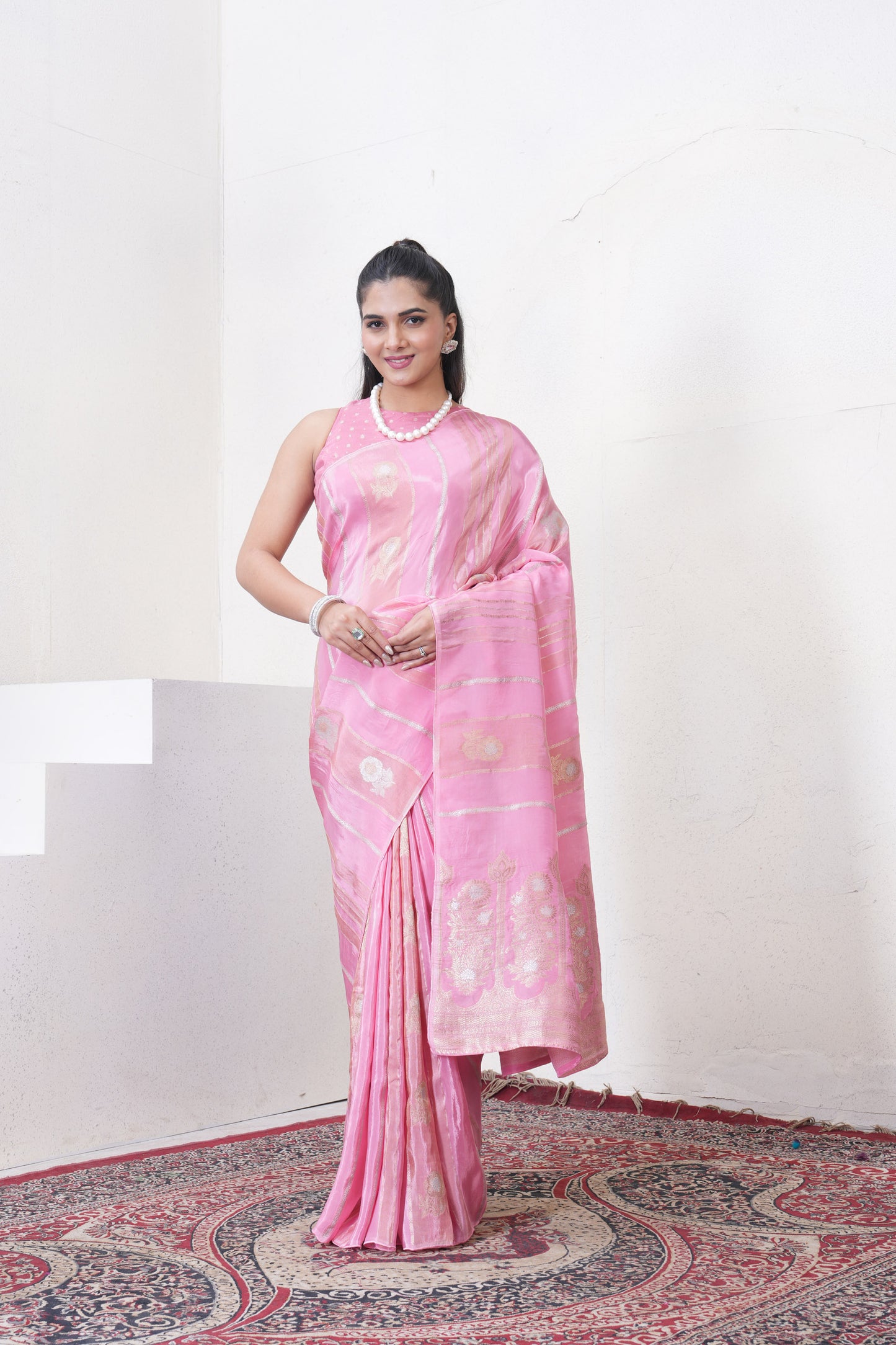 Baby Pink Katan Silk Saree With Zari Borders