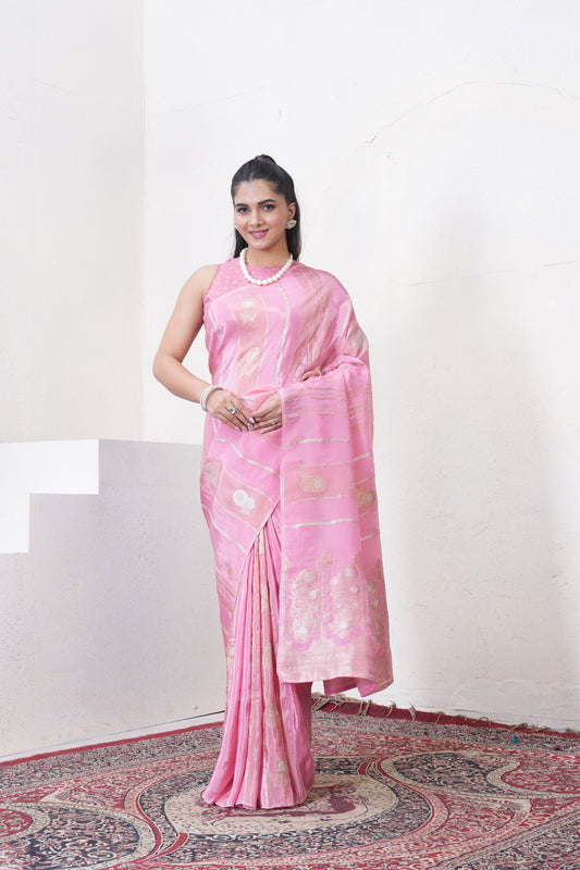 Baby Pink Katan Silk Saree With Zari Borders