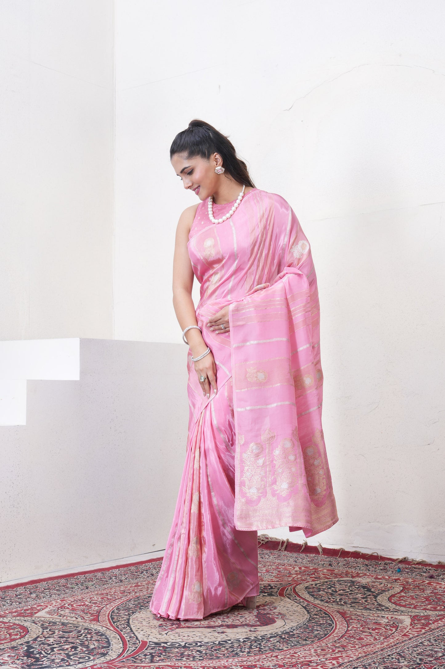 Baby Pink Katan Silk Saree With Zari Borders
