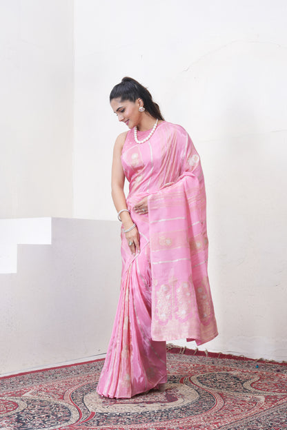 Baby Pink Katan Silk Saree With Zari Borders