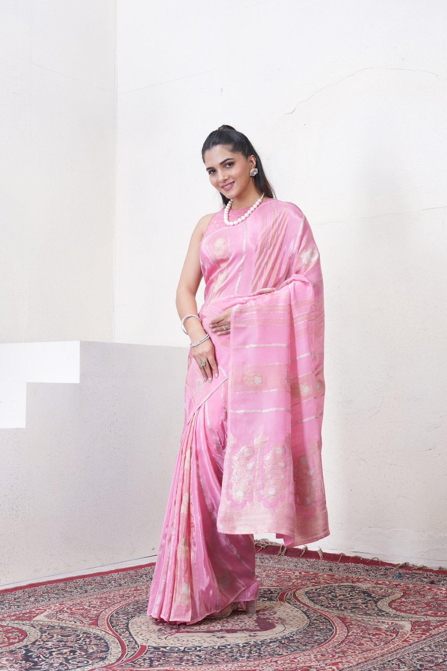 Baby Pink Katan Silk Saree With Zari Borders