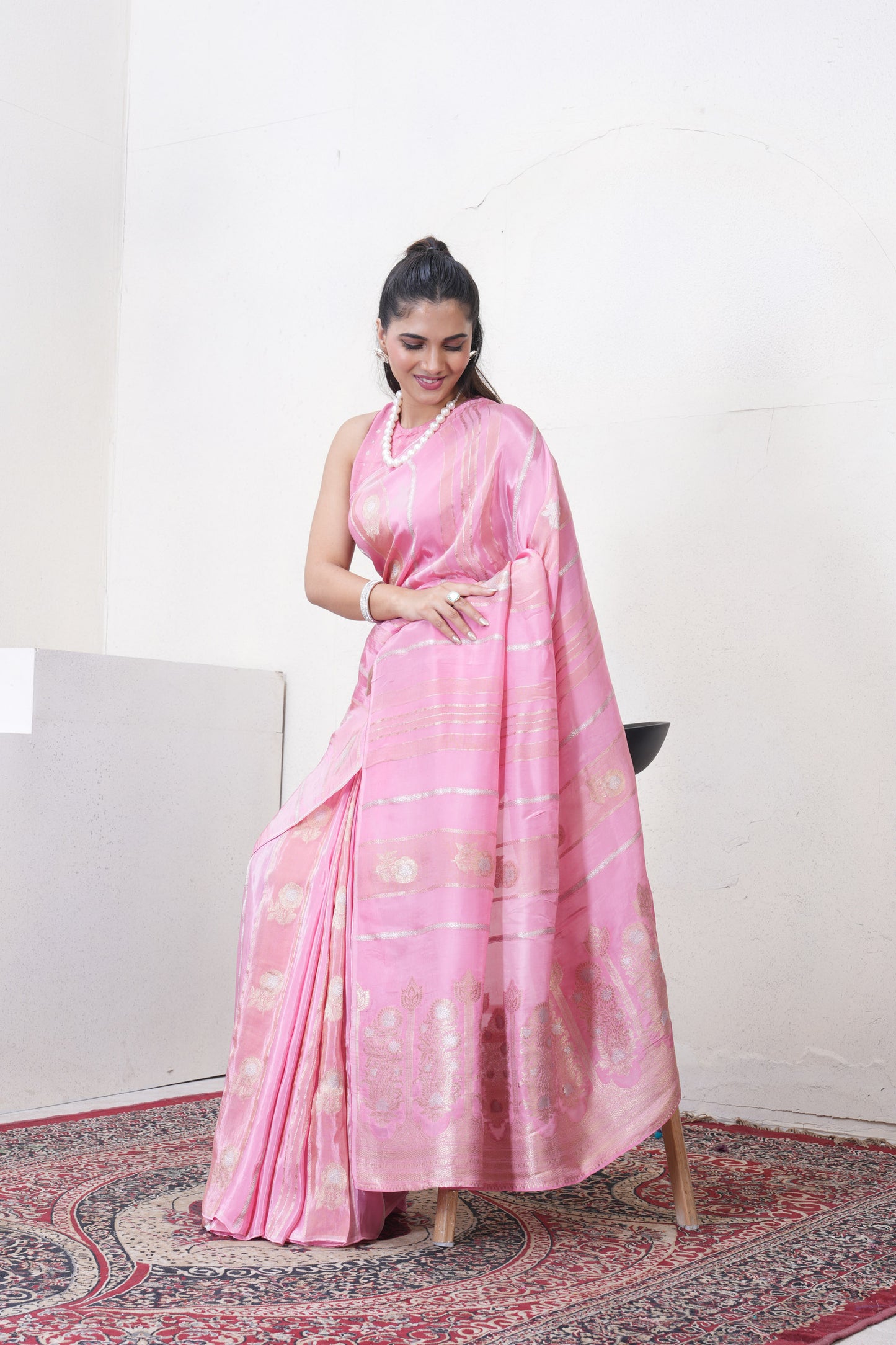 Baby Pink Katan Silk Saree With Zari Borders