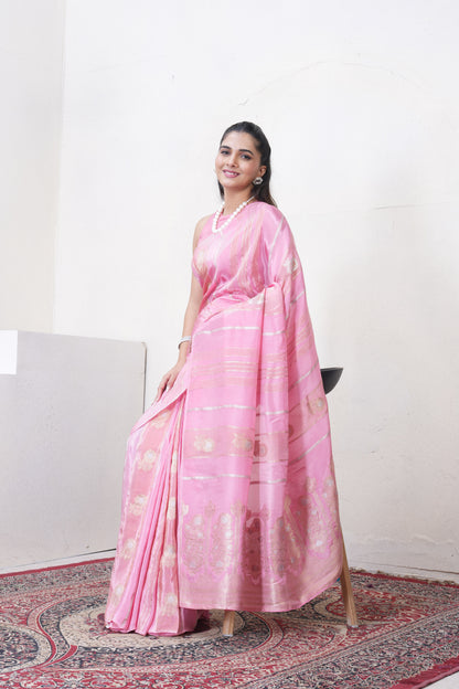 Baby Pink Katan Silk Saree With Zari Borders