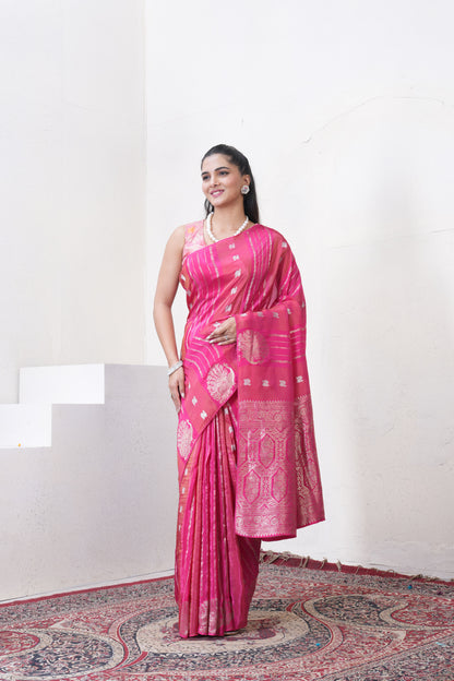 Rani Pink Katan Silk Saree With Zari Borders