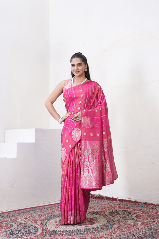 Rani Pink Katan Silk Saree With Zari Borders
