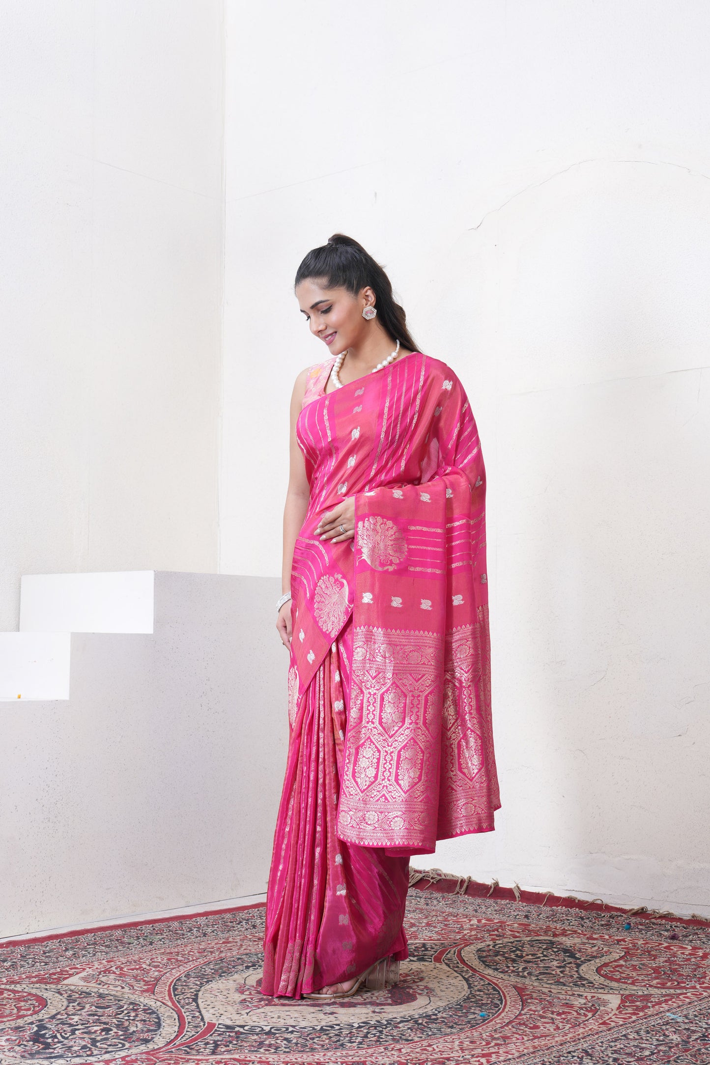 Rani Pink Katan Silk Saree With Zari Borders