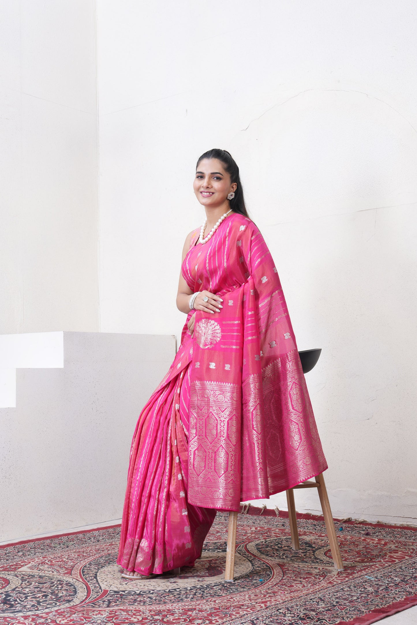 Rani Pink Katan Silk Saree With Zari Borders