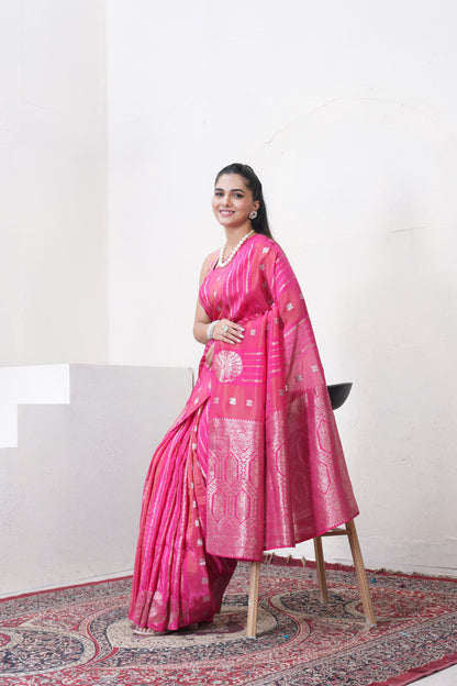 Rani Pink Katan Silk Saree With Zari Borders