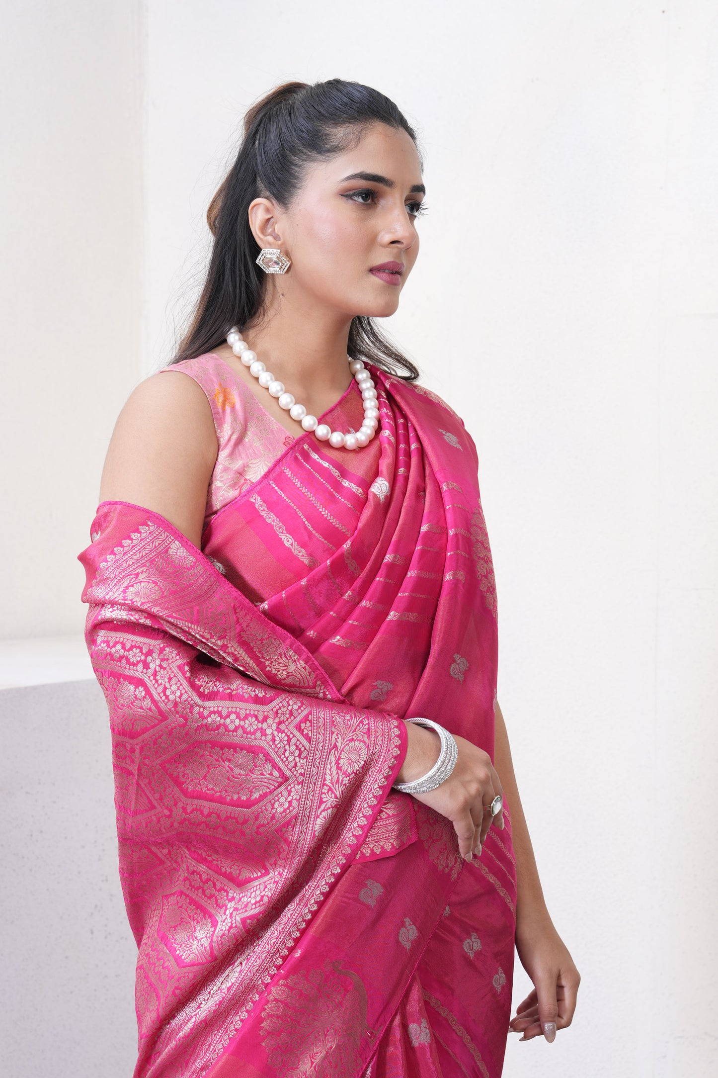 Rani Pink Katan Silk Saree With Zari Borders