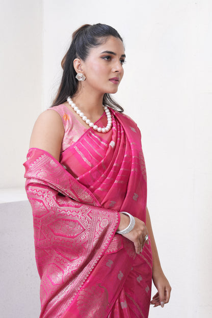 Rani Pink Katan Silk Saree With Zari Borders