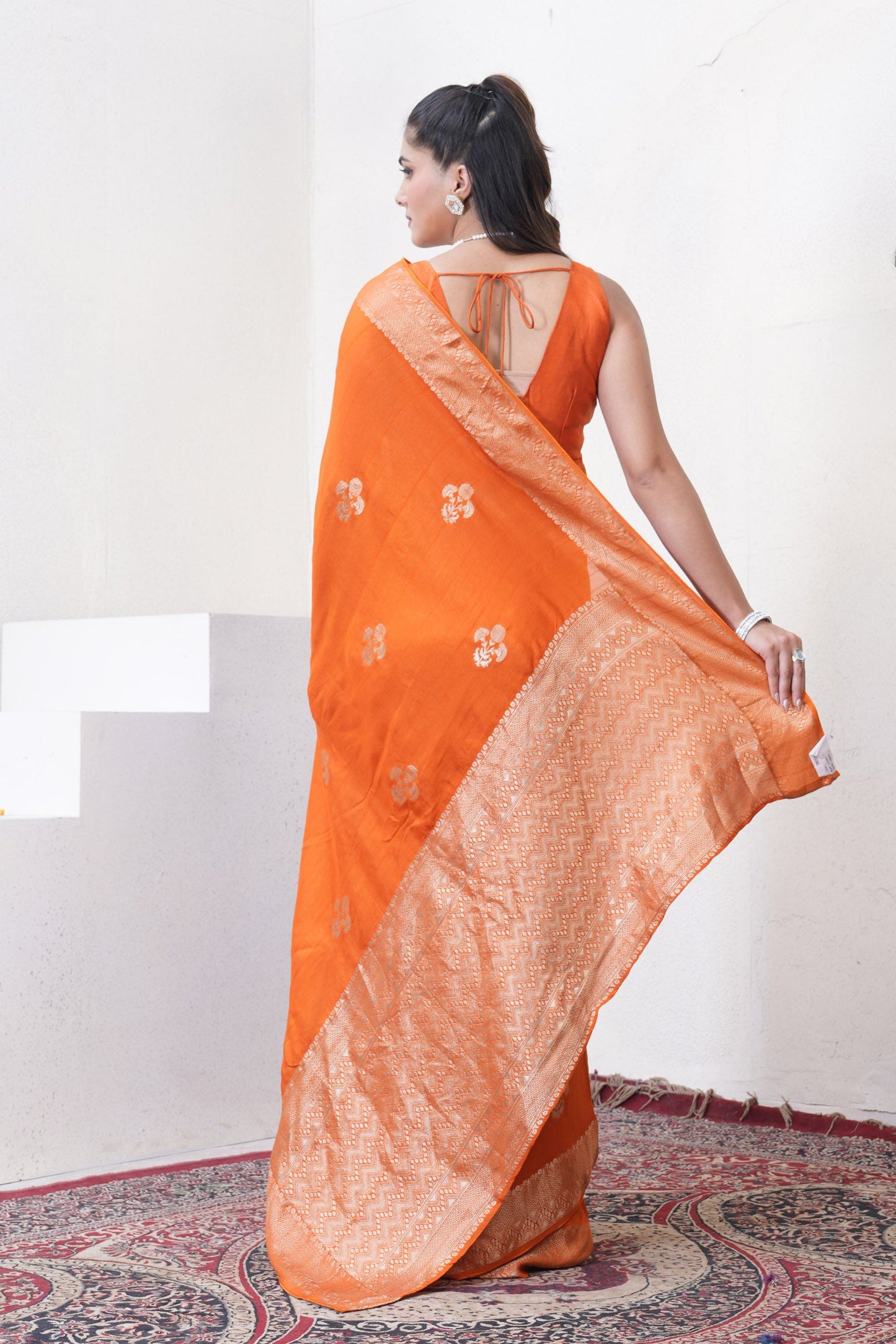 Rust Orange Tussar Silk Saree With Zari Borders