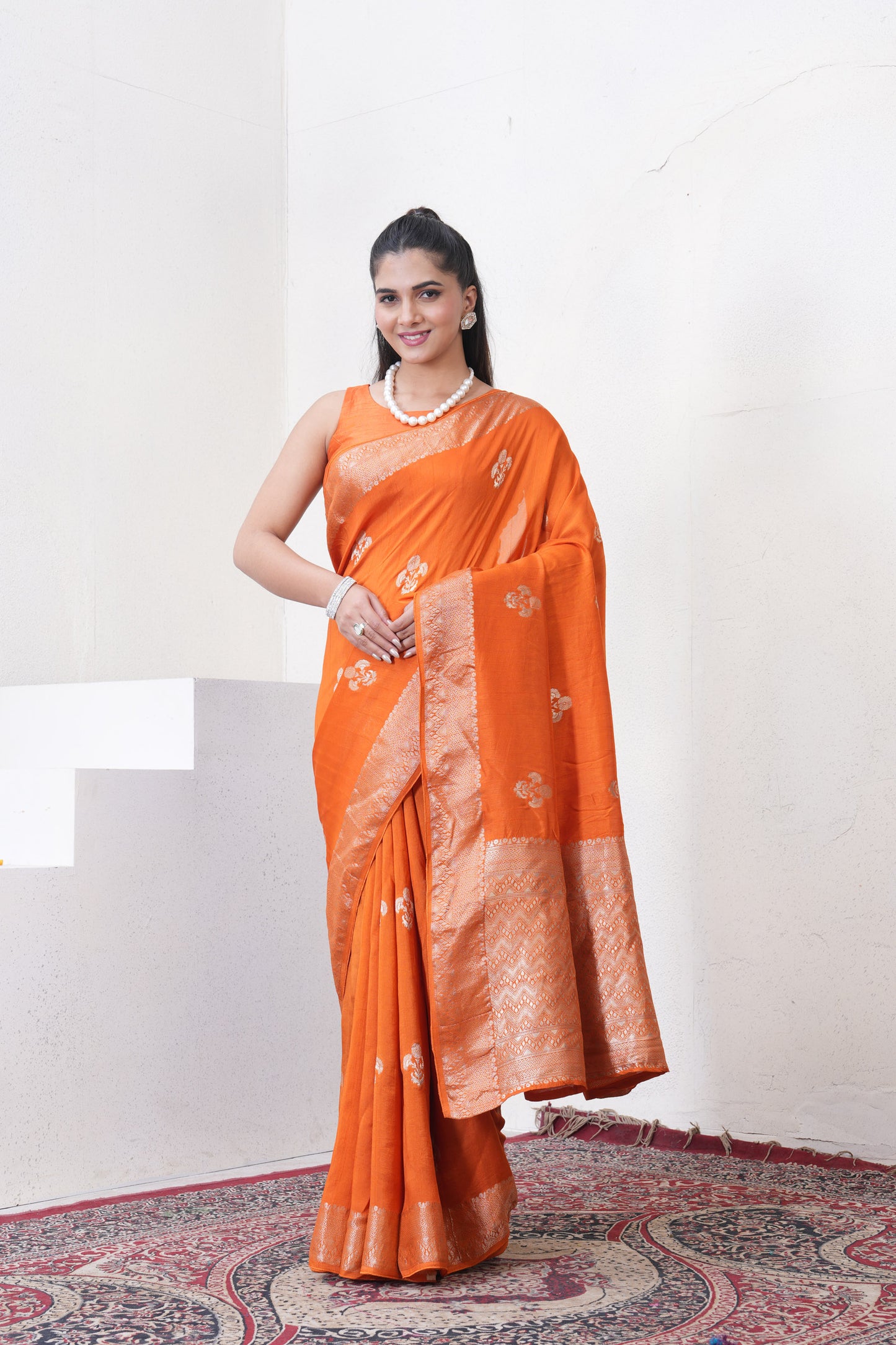 Rust Orange Tussar Silk Saree With Zari Borders