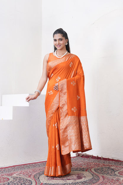 Rust Orange Tussar Silk Saree With Zari Borders