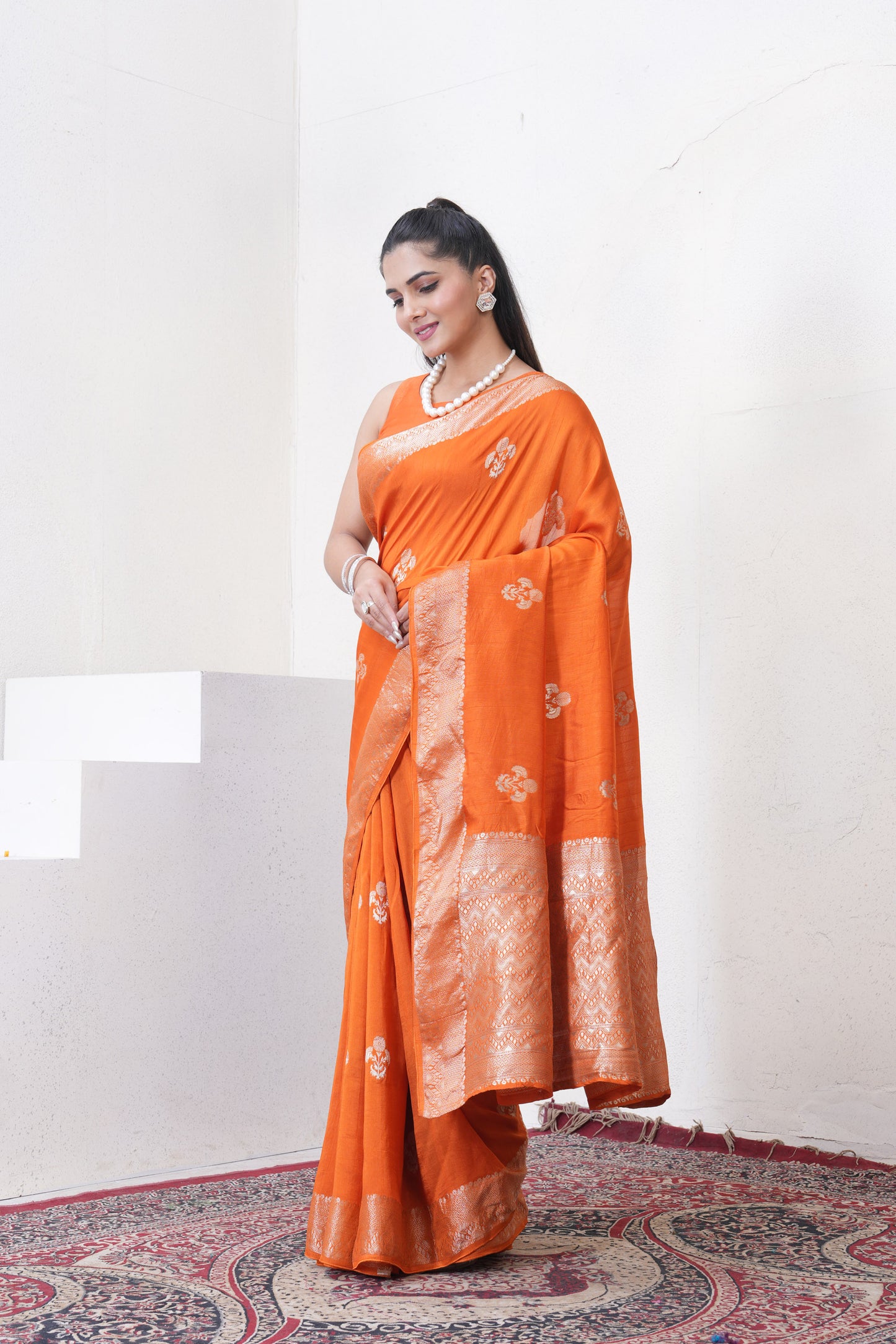 Rust Orange Tussar Silk Saree With Zari Borders