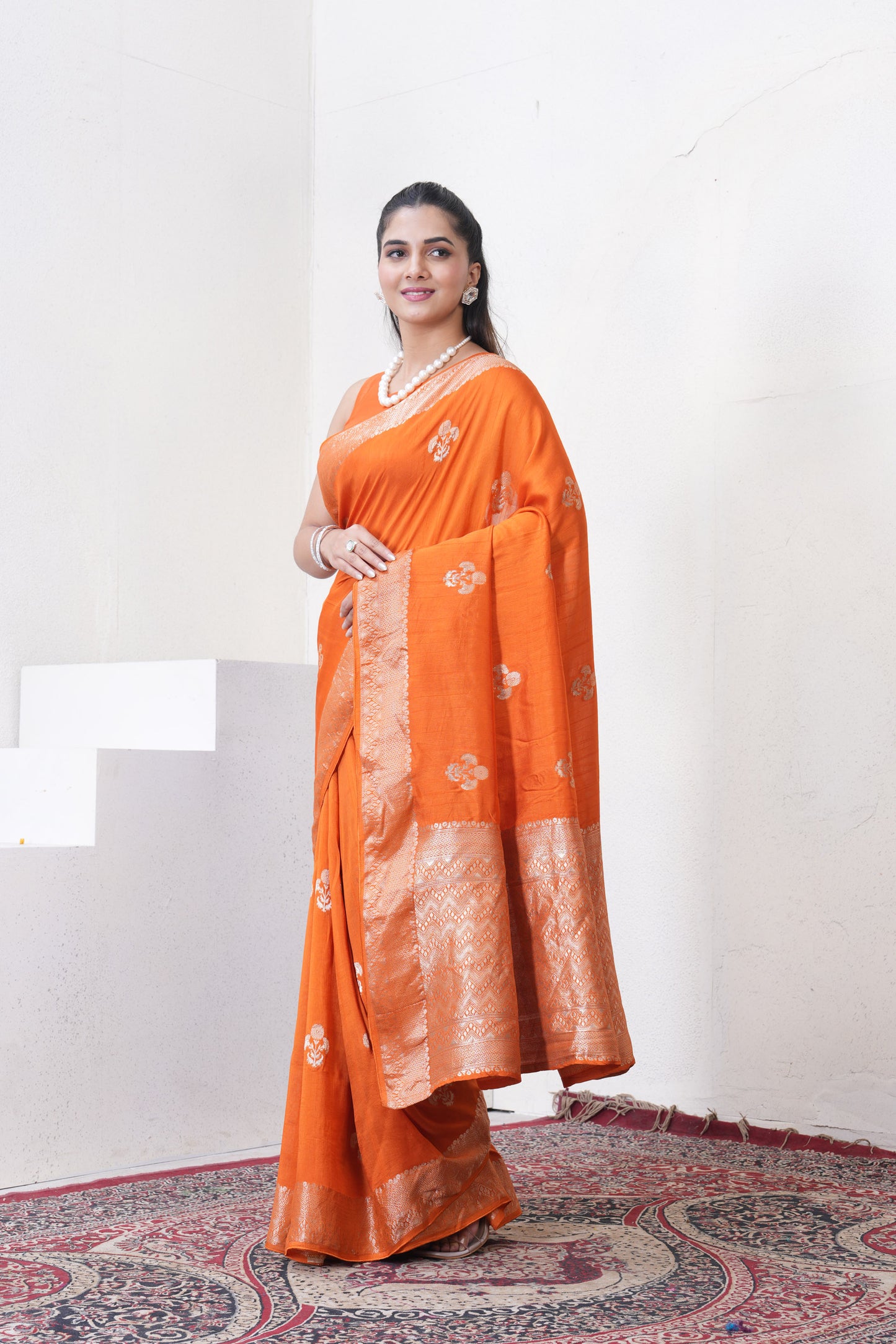 Rust Orange Tussar Silk Saree With Zari Borders