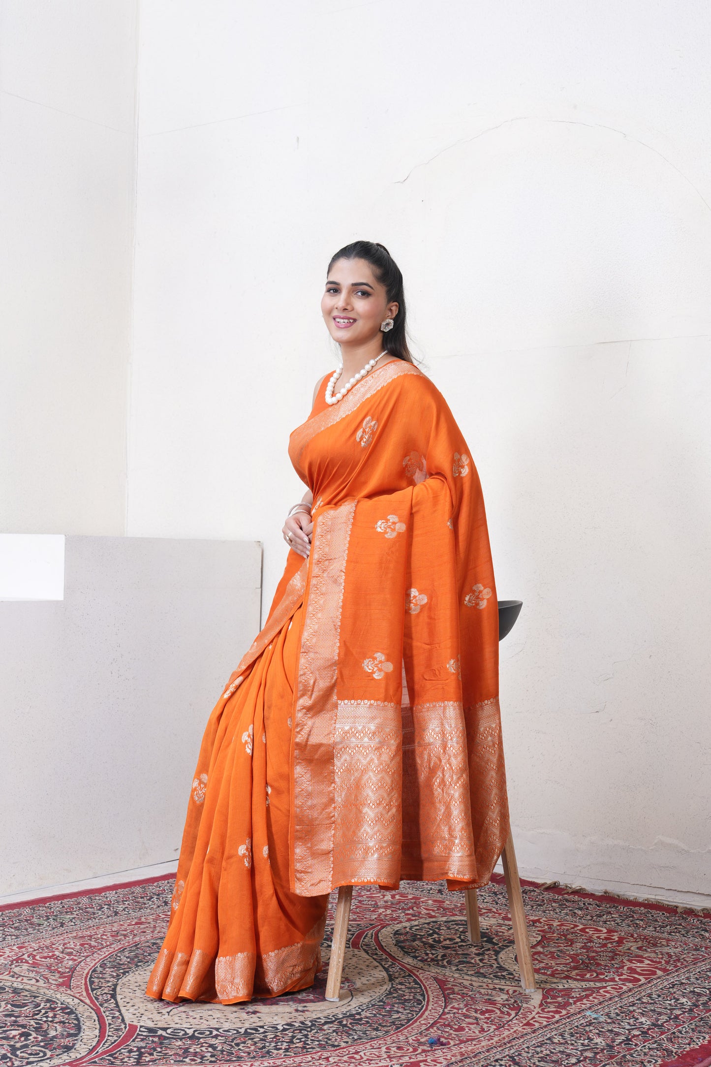 Rust Orange Tussar Silk Saree With Zari Borders