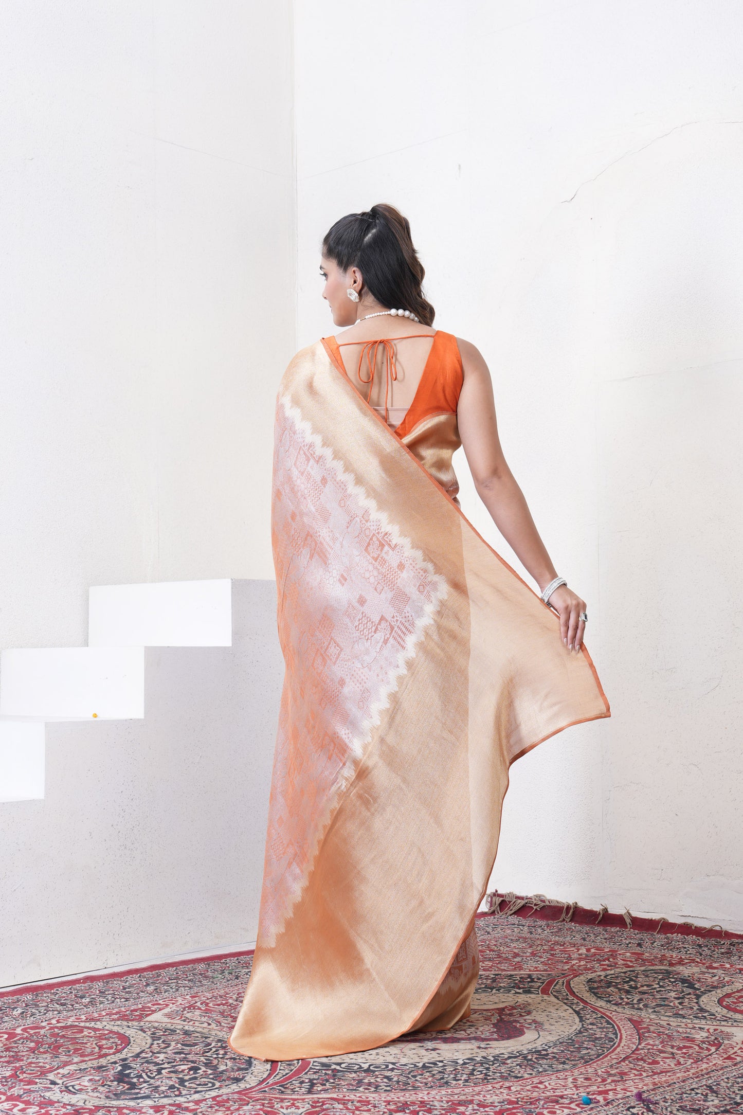 Orange Tissue Silk Saree With Zari Borders
