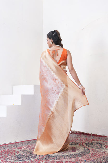 Orange Tissue Silk Saree With Zari Borders