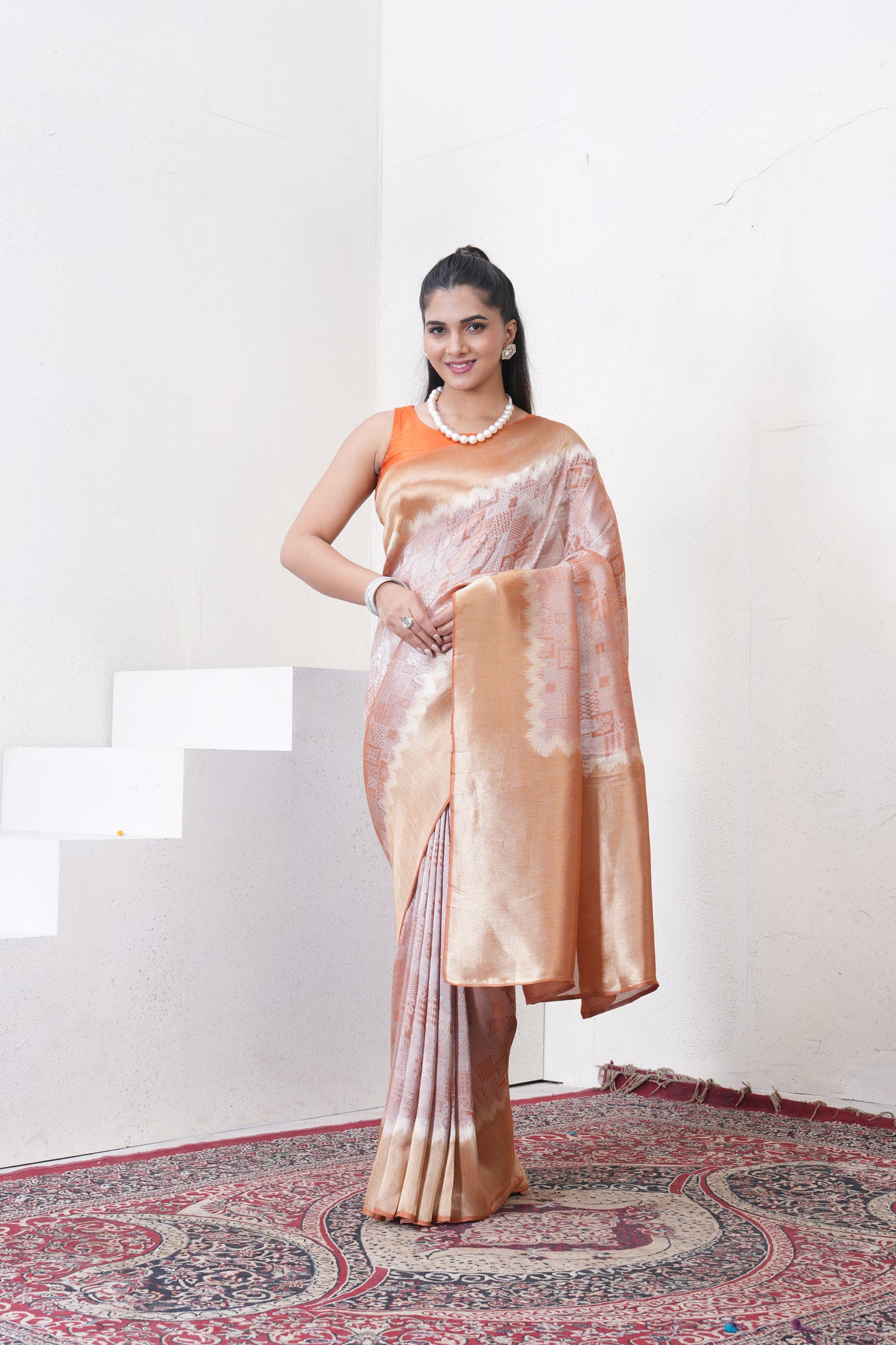 Orange Tissue Silk Saree With Zari Borders