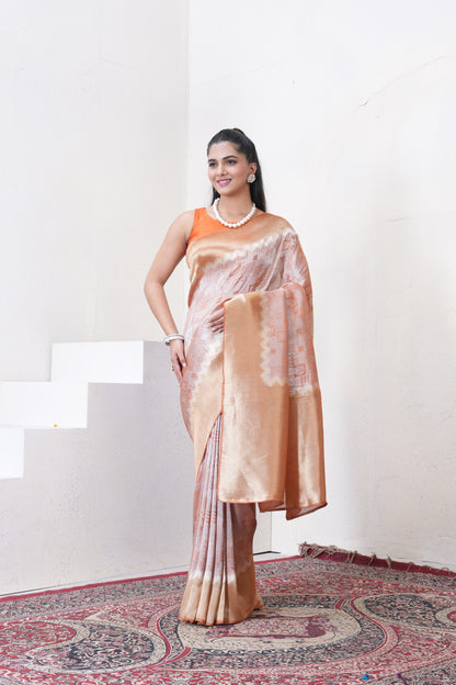 Orange Tissue Silk Saree With Zari Borders