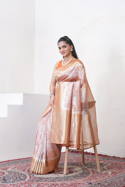 Orange Tissue Silk Saree With Zari Borders