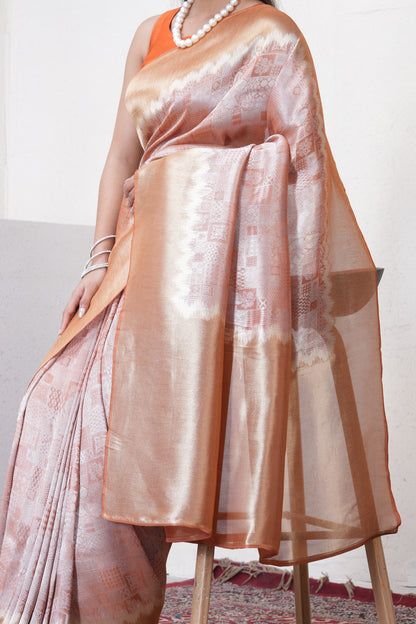 Orange Tissue Silk Saree With Zari Borders